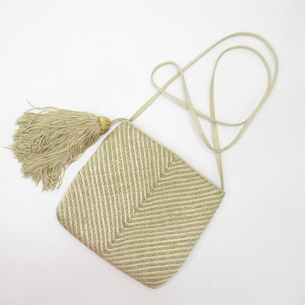 Vtg Sharif Crossbody Handbag S GoldLeather Satin Chevron Tassel Purse Bag